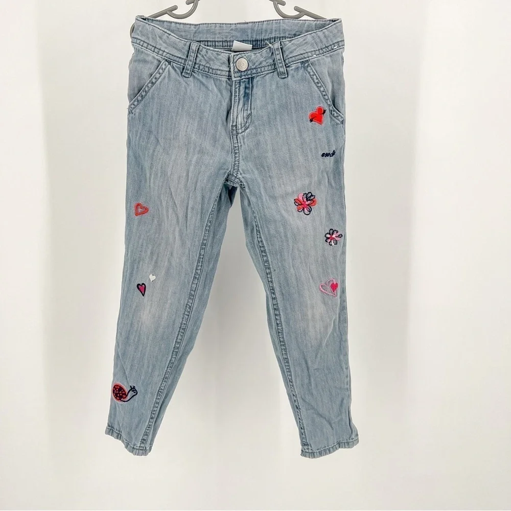 Gymboree Embroidered Heart Flower Snail Chambray Blue Jeans Girls